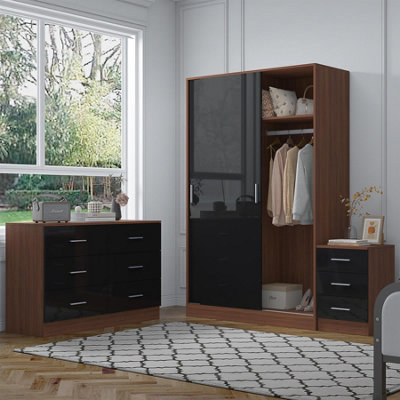 Reflect 2 Door Sliding Wardrobe6 Drawer Wide Chest3 Drawer BedsideBlack Gloss & WalnutModern Bedroom Furniture Set from B&Q