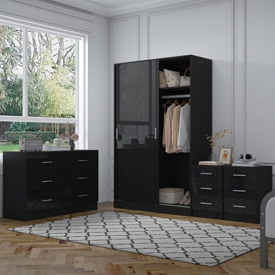 Reflect Xl 2 Door Sliding Wardrobe And 6 Drawer Chest And 2X 3 Drawer Bedsides Set In Gloss And Oak Black