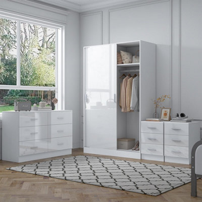 Reflect White Door Sliding Wardrobe And 6 Drawer Chest And 2X 3 Drawer Bedsides Set In Gloss And Matt Size 2
