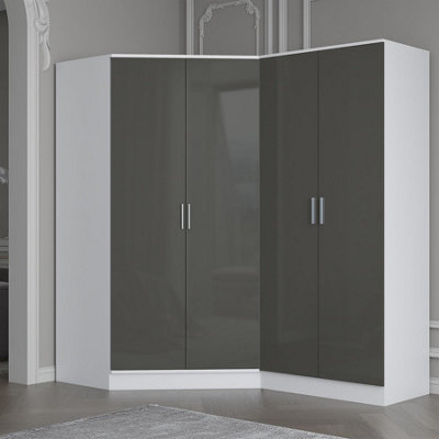 Reflect Black Gloss Wardrobe Bundle - Corner + 2 Door Plain - Grey / White - Grey Gloss / Matt White - Image 7