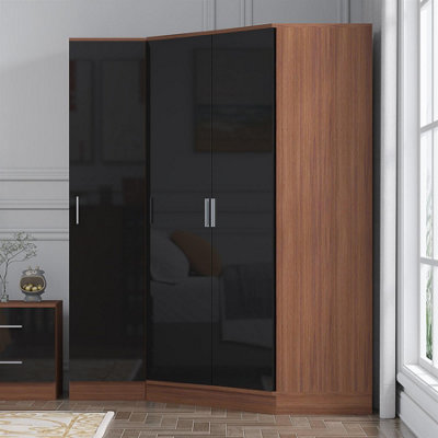 Reflect 2Pc Wardrobe Bundle2 Door Corner + 1 Door PlainBlack Gloss & WalnutH: 180Cm X W: 179Cm X D: 103Cm