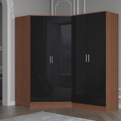 Reflect 2Pc Wardrobe Bundle2 Door Corner + 2 Door PlainBlack Gloss & WalnutH: 180Cm X W: 179Cm X D: 103Cm