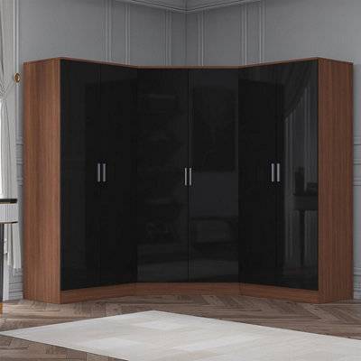 REFLECT Black Gloss Wardrobe Bundle - Corner + 2x 2 Door Plain - Black / Walnut - Image 7