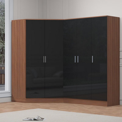 Reflect 2Pc Wardrobe Bundle2 Door Corner + 3 Door PlainBlack Gloss & WalnutH: 180Cm X W: 179Cm X D: 103Cm
