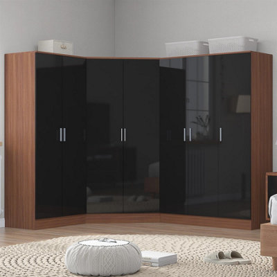 Reflect 4Pc Wardrobe Bundle2 Door Corner + 3 Door Plain + 2 Door PlainBlack Gloss & WalnutH: 180Cm X W: 179Cm
