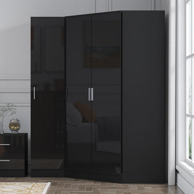 Reflect 2Pc Wardrobe Bundle2 Door Corner + 1 Door PlainBlack Gloss & Black OakH: 180Cm X W: 179Cm X D: 103Cm from B&Q