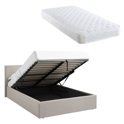 Teddy Boucle 5Ft King Beige Ottoman Storage Bed Gas Lift Up(L) 220Cm X (W) 170Cm (H) 113Cm With Bonnell Spring Mattress from B&Q