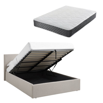 Teddy Boucle Beige Teddy Gas Lift Ottoman Storage Bed 4Ft Double + Spring And Memory Foam Mattress - Boucle Small