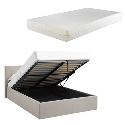 Teddy Boucle 5Ft King Beige Ottoman Storage Bed Gas Lift Up(L) 220Cm X (W) 170Cm (H) 113Cm With 20Cm Memory Foam Mattress