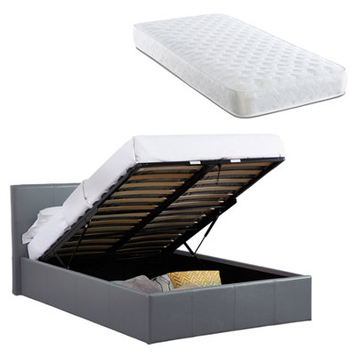 Luna Grey Single Ottoman Storage Bed With Gas Lift & 17Cm Spring Mattress - Faux Leather - L: 203Cm X W: 108Cm X H: 88.5Cm 3Ft B&Q