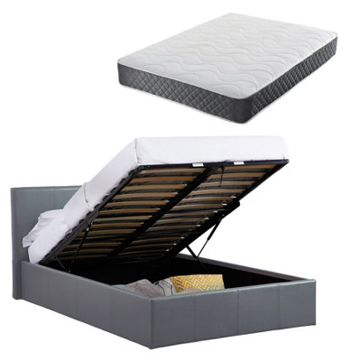Luna Siesta Gas Lift Ottoman Storage Bed 3Ft Single Faux Leather + Spring & Memory Foam Mattress - Grey