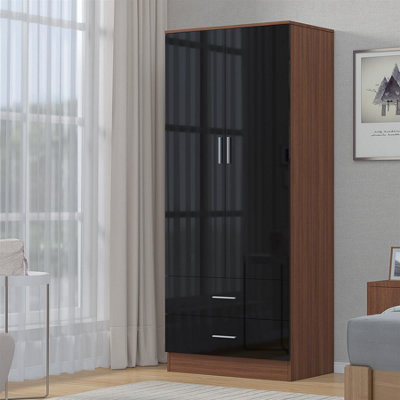 Reflect 2 Door + 2 Drawer Combination Wardrobe - Gloss Door & Drawer Fronts & Walnut Carcass (H)180Cm (W)76Cm (D)47Cm Black