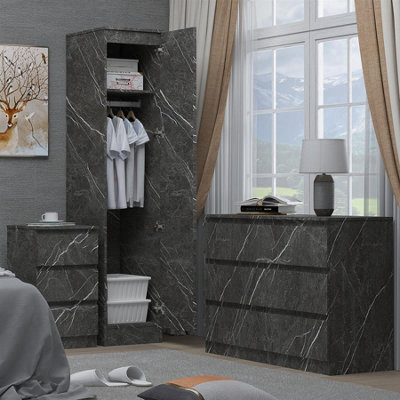 Zita Grey Marble Effect 3 Piece Bedroom Set1-Door WardrobeWide Chest & Bedside TableStylish Modern Bedroom Furniture from B&Q