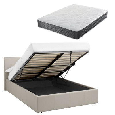 B&Q -  4Ft Small Double Cream Beige Ottoman Storage Bed Gas Lift Up & Memory Foam & Spring MattressL:203Cm X W: 138Cm X H: 88.5Cm