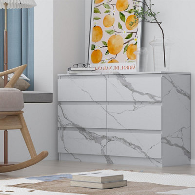 Zita White Marble Effect 6 Drawer ChestWide Storage Unit(L) 40Cm X (W) 112Cm X (H) 75CmStylish Bedroom Storage from B&Q