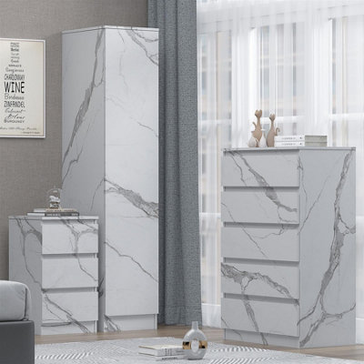 ZITA 3pc Bedroom Furniture Set - 1 Door Wardrobe, Chest & Bedside White Marble - Image 6