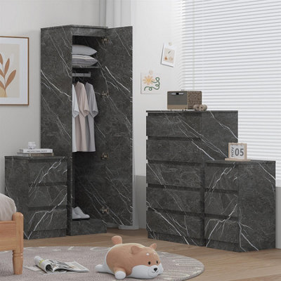 Zita 4Pc Grey Marble Effect Bedroom Set1-Door WardrobeTall Chest & 2 Bedside TablesStylish Modern Storage Furniture from B&Q