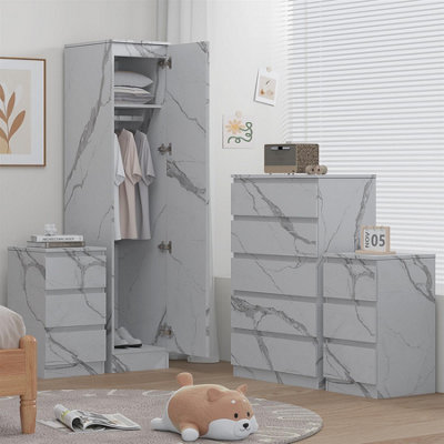 ZITA Bedroom Set: 1 Door Wardrobe, Tall Chest & 2 Bedsides - White Marble Effect - Image 6