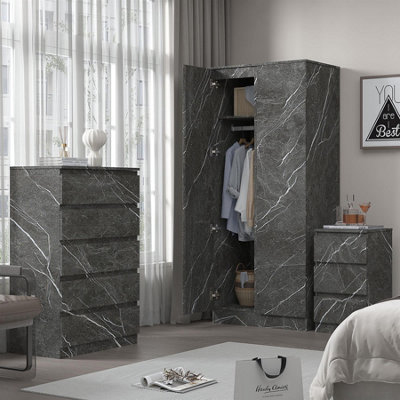 Zita Grey Marble Effect 3 Piece Set2 Door Wardrobe5 Drawer Chest & 3 Drawer BedsideStylish Bedroom Storage from B&Q
