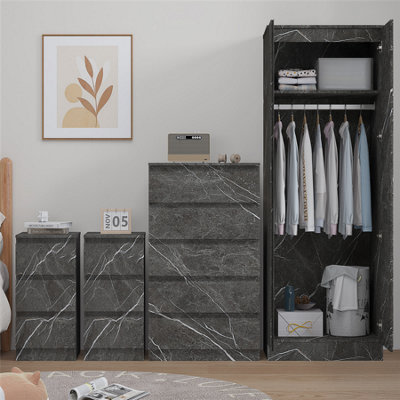 Zita Grey Marble Effect 4 Piece Bedroom Set2 Door WardrobeTall Chest & 2 Bedside TablesStylish Storage Solution from B&Q