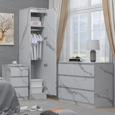 Zita White Marble Effect 3 Piece Bedroom Set1-Door WardrobeWide Chest & Bedside TableStylish Modern Bedroom Furniture from B&Q