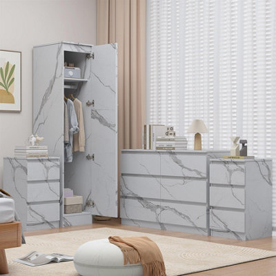 Zita White Marble Effect 4Pc Bedroom Set1-Door WardrobeWide Chest & 2 Bedside TablesContemporary Bedroom Storage Solution from B&Q