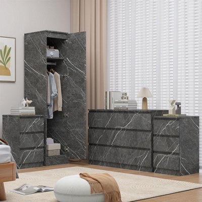 Zita Grey Marble Effect 4Pc Bedroom Set1-Door WardrobeWide Chest & 2 Bedside TablesContemporary Bedroom Storage Solution from B&Q