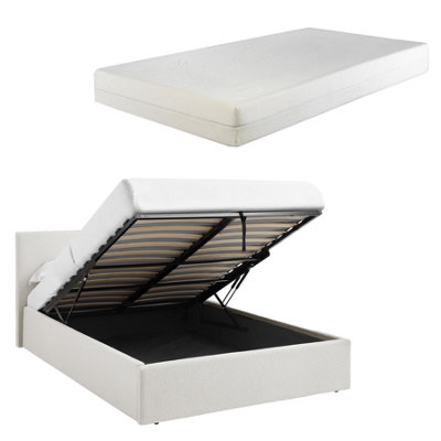 B&Q -  4Ft Small Double White Ottoman Storage Bed Gas Lift Up(L) 203Cm X (W) 138Cm With 20Cm Memory Foam Mattress