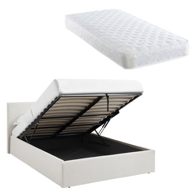 B&Q -  4Ft Small Double White Ottoman Storage Bed Gas Lift Up(L) 203Cm X (W) 138Cm With Bonnell Spring Mattress