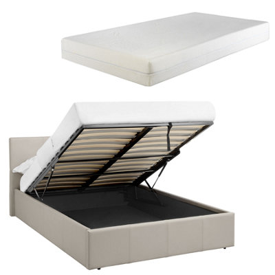 B&Q -  5Ft King Cream Beige Ottoman Storage Bed With Gas Lift & 20Cm Thick Memory Foam MattressL: 213Cm X W: 168Cm X H: 88.5Cm