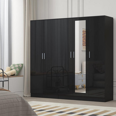 Reflect 2Pc Wardrobe Bundle3 Door Mirror + 2 Door PlainBlack Gloss & Black OakH: 180Cm X W: 188Cm X D: 47Cm