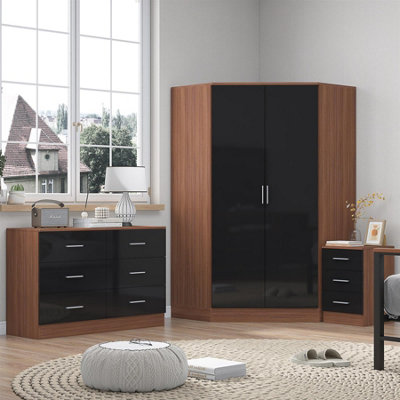 REFLECT Bundle - Corner Wardrobe + Chest + 3 Drawer Bedside - Black/Walnut - Image 7