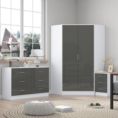 Reflect Bundle - Corner Wardrobe + Chest + 3 Drawer Bedside - Grey/White - Grey Gloss / Matt White - Image 7