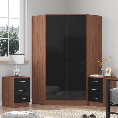 Reflect Black Gloss Bedroom Set - Corner + 2X 3 Drawer Bedsides - Black / Walnut - Black Gloss / Matt Walnut - Image 7