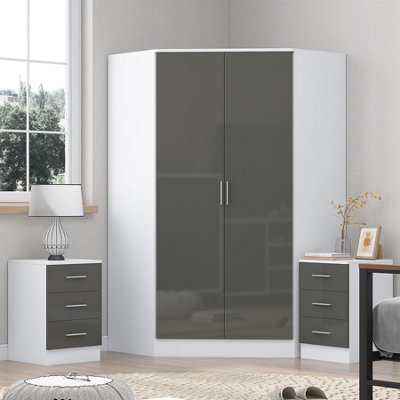 REFLECT Wardrobe Bundle: 2 Door Corner & 2x 3 Drawer Bedsides - Grey/White - Image 6