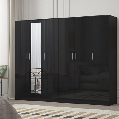 Reflect 2Pc Wardrobe Bundle3 Door Mirror + 3 Door PlainBlack Gloss & Black OakH: 180Cm X W: 224Cm X D: 47Cm