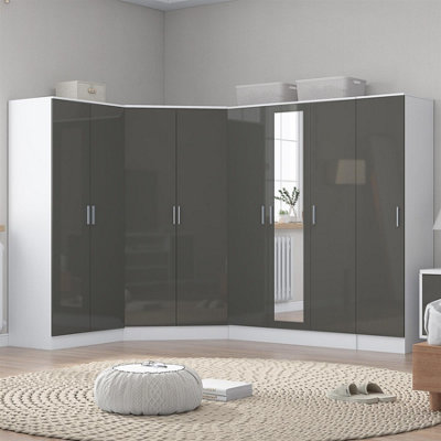 Reflect Wardrobe Bundle - Corner + 3 Door + 2Dr + 1Dr Plain - Grey / White - Grey Gloss / Matt White - Image 7