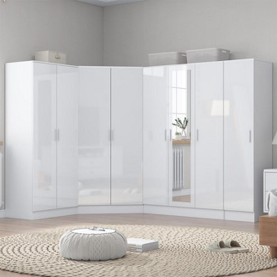 Reflect Wardrobe Bundle - Corner + 3 Door + 2Dr + 1Dr Plain - White / White - White Gloss / Matt White - Image 7