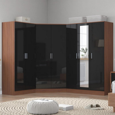 Reflect 3Pc Wardrobe Bundle2 Door Corner + 3 Door Mirror + 2 Door PlainBlack Gloss & WalnutH: 180Cm X W: 291Cm