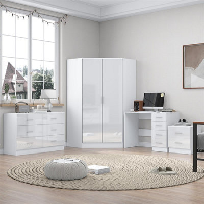 B&Q - Reflect2 Door Corner + 6 Drawer Chest + 2 Drawer Bedside + 4 Drawer DeskGloss White / Matt White