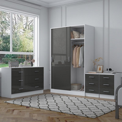 Reflect Bundle - Sliding Wardrobe + Wide Chest + 2X Bedsides - Grey/White - Grey Gloss / Matt White - Image 7