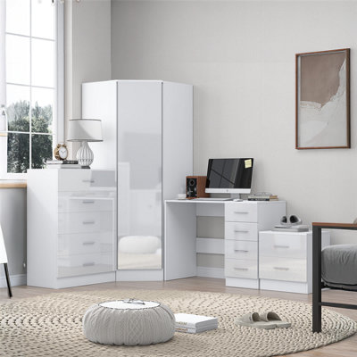 Reflect 1 Door Corner Wardrobe5 Drawer Chest2 Drawer Bedside & DeskWhite Gloss & Matt WhiteBedroom Furniture Set from B&Q
