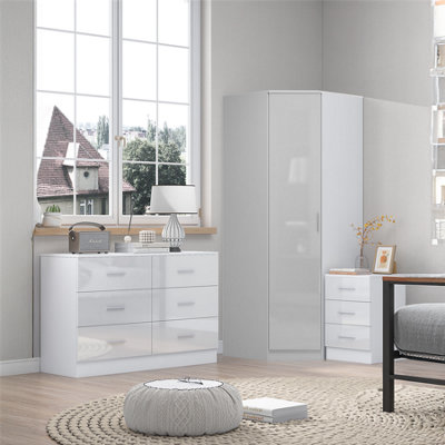 B&Q -  1 Door Corner Wardrobe6 Drawer Chest3 Drawer BedsideWhite Gloss & Matt WhiteBedroom Furniture Set