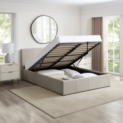 B&Q -  4Ft Small Double Cream Beige Ottoman Storage Bed Gas LiftFaux Leather FabricL:203Cm X W:138Cm X H:88.5Cm