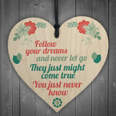 B&Q -  Follow Your Dreams Wood Hanging Heart Stronger Inspirational Motivational Quote Best Friend Gift Plaque Sign