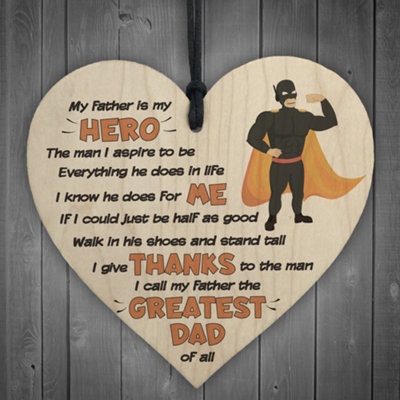 Red Ocean Hero Father Fathers Day Wooden Hanging Heart Plaque Sign Gift Novelty Fathers Birthday Present