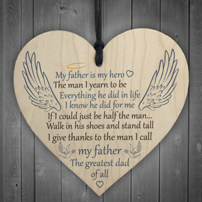 Red Ocean Father Is My Hero Memorial Wooden Hanging Heart Grave Plaque Sign Angel Wings