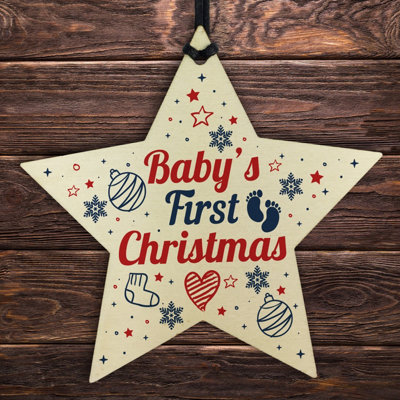Red Ocean Babys First Christmas Gift Wooden Star Tree Bauble 1St Xmas Ornament Decoration from B&Q