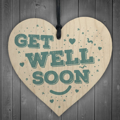 Red Ocean Get Well Soon Thinking Of You Love Gift Wooden Hanging Heart Sign Plaque Sentimental Keepsake