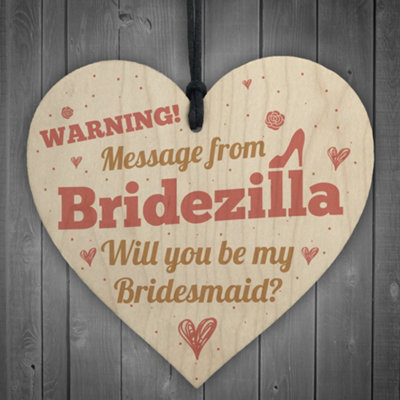 Red Ocean Bridezilla Will You Be My Bridesmaid Maid Of Honour Wooden Heart Wedding Invitation Invite Keepsake from B&Q